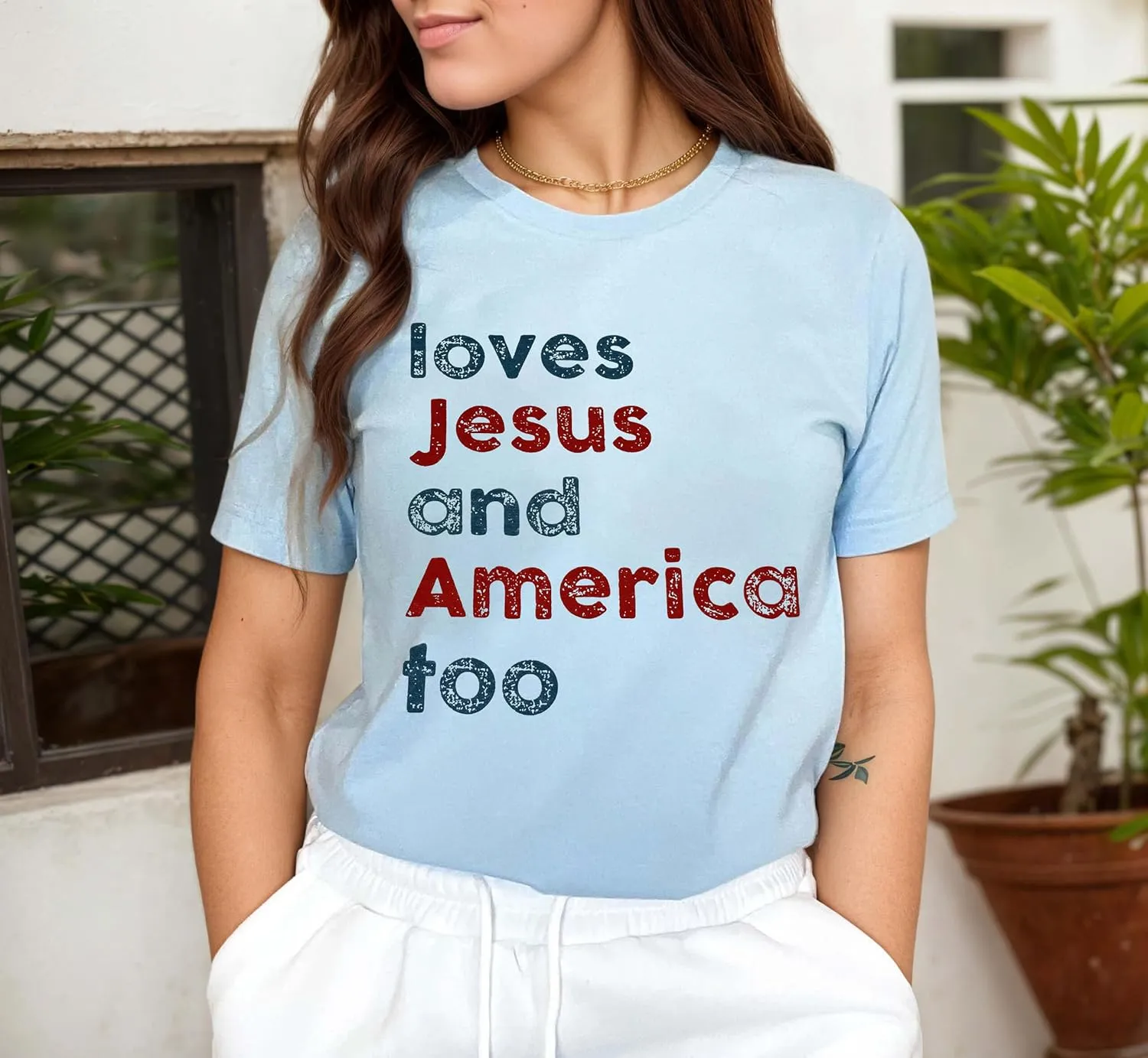 4th of July Shirts for Women Loves Jesus and America Too Shirt Patriotic Shirts Red White and Blue Tshirts