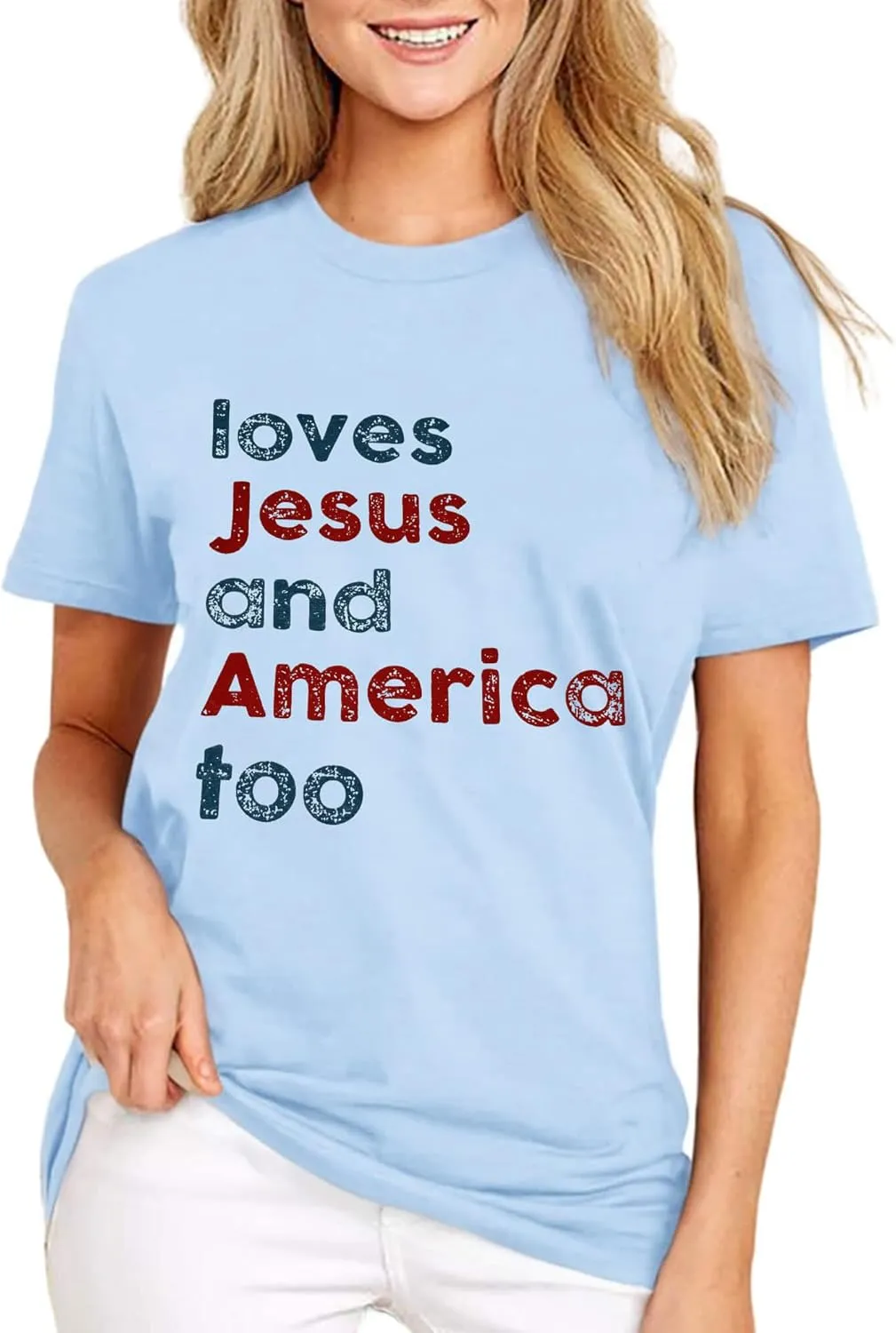 4th of July Shirts for Women Loves Jesus and America Too Shirt Patriotic Shirts Red White and Blue Tshirts