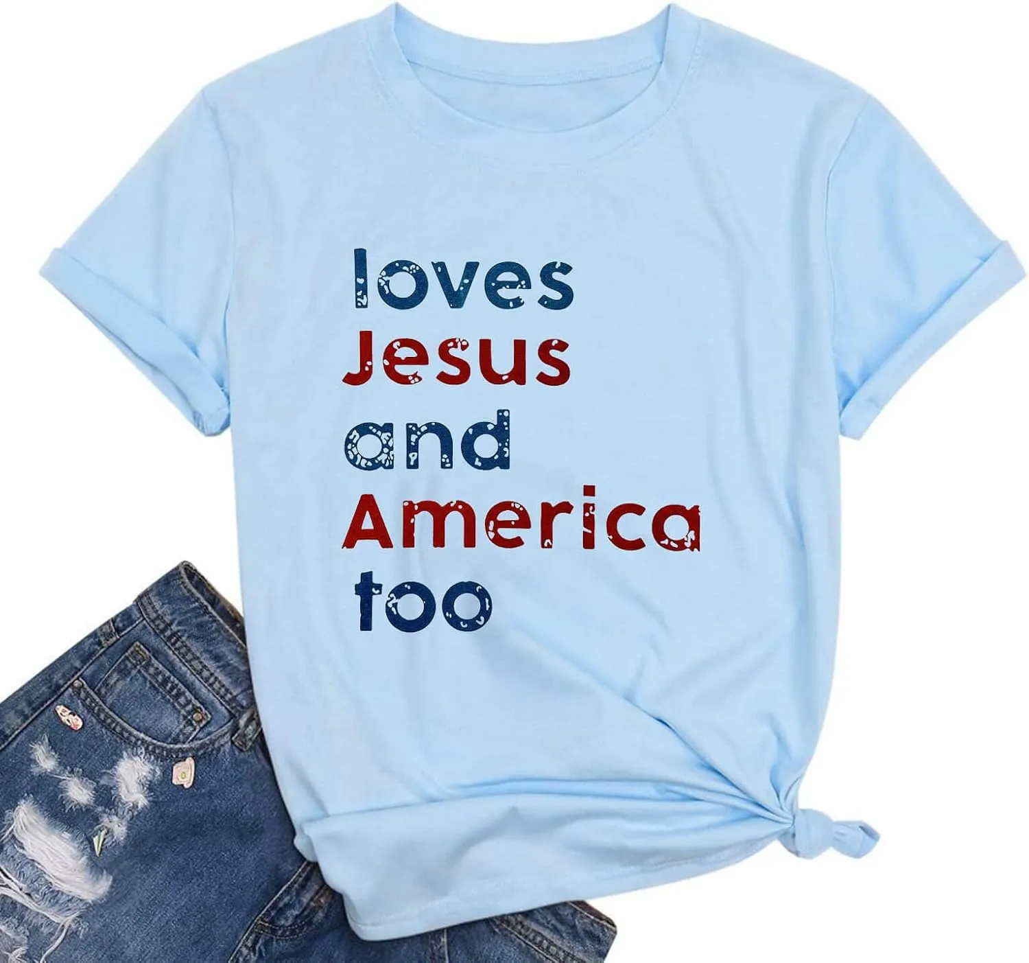 4th of July Shirts for Women Loves Jesus and America Too Shirt Patriotic Shirts Red White and Blue Tshirts