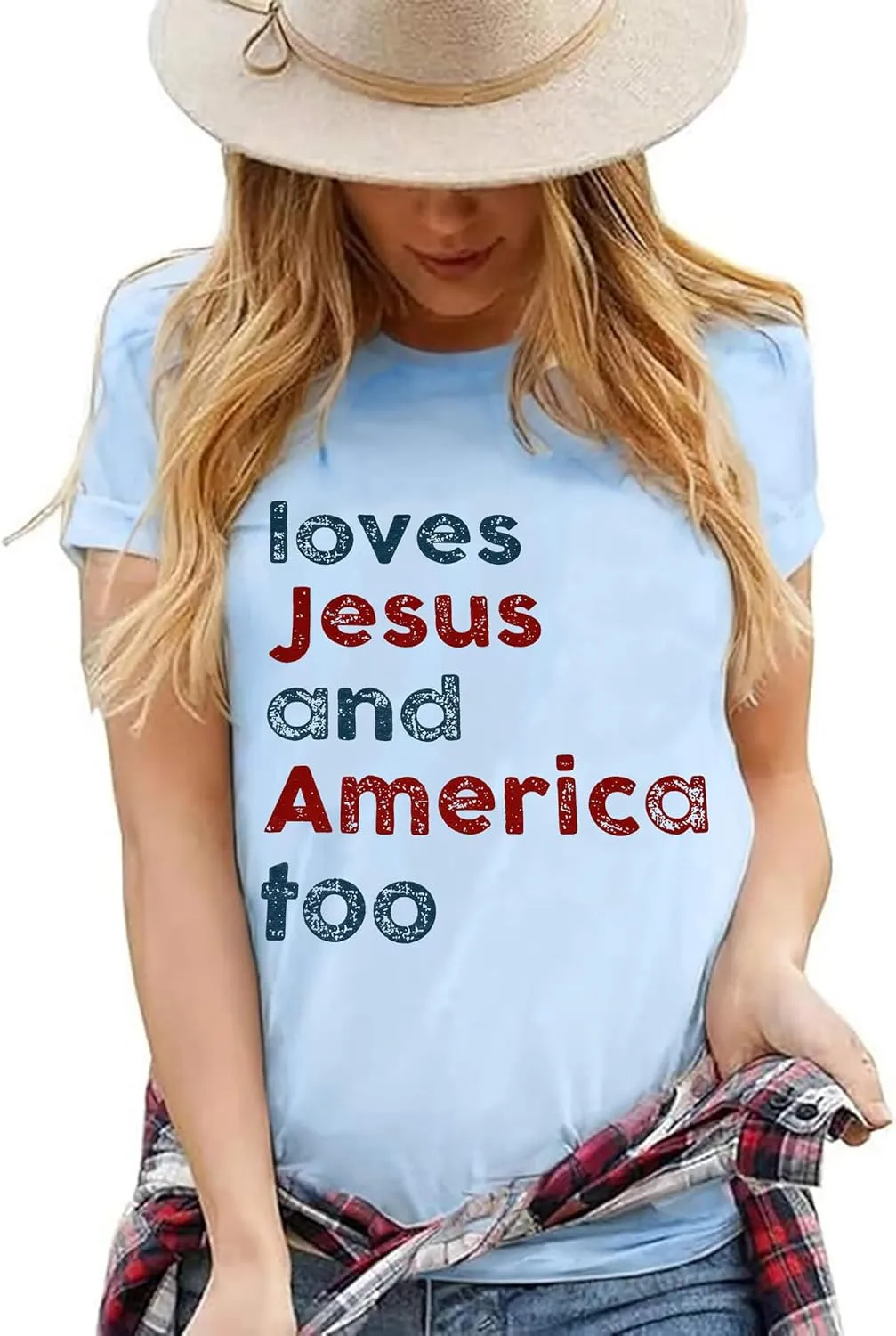 4th of July Shirts for Women Loves Jesus and America Too Shirt Patriotic Shirts Red White and Blue Tshirts