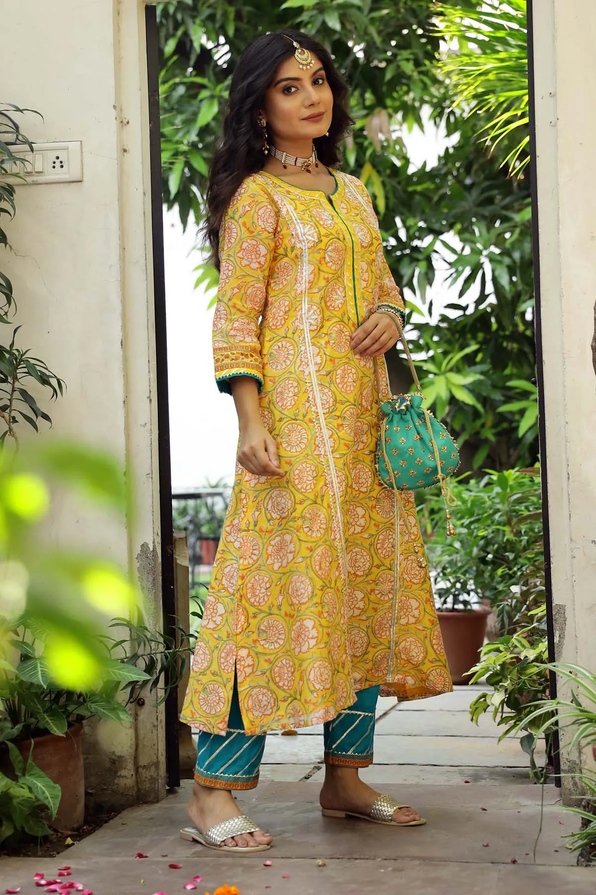 A-line Kurta in Yellow printed Chanderi fabric
