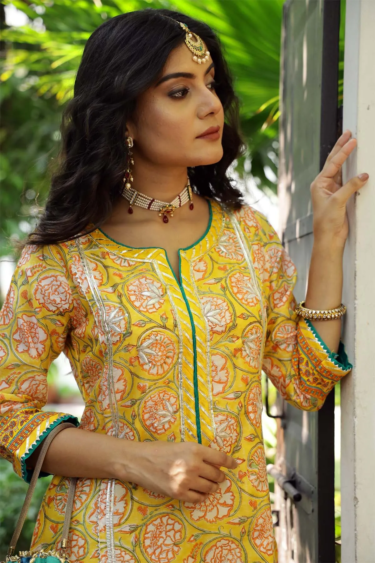 A-line Kurta in Yellow printed Chanderi fabric
