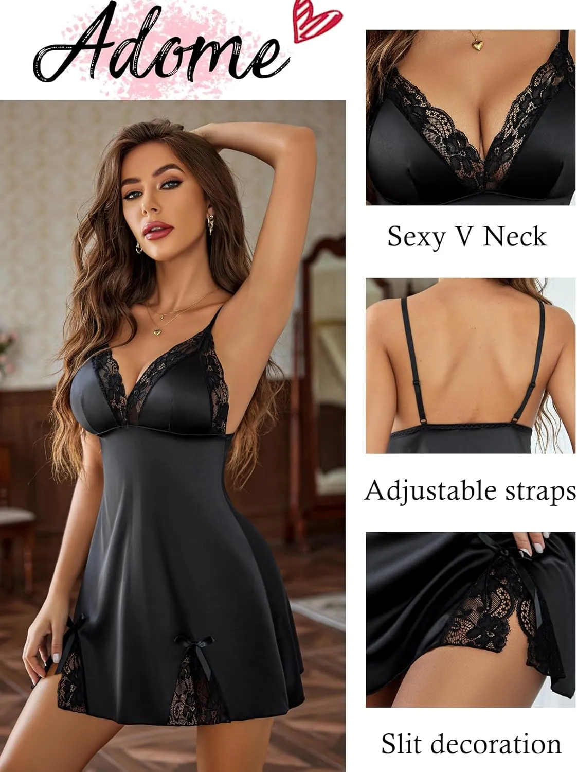 ADOME Lingerie for Women Lace Chemise Nightgown Satin Babydoll Dress Silk Slip Nightwear S-XXL