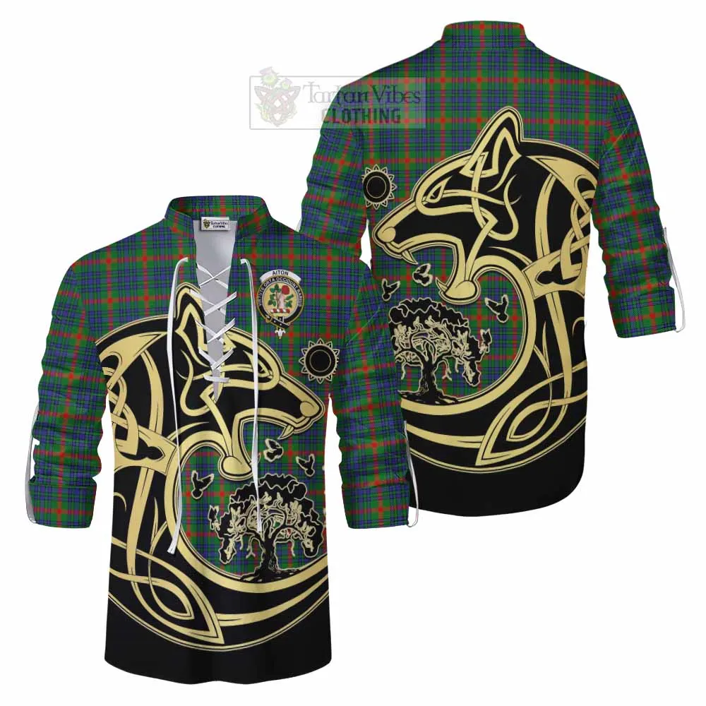 Aiton Tartan Ghillie Kilt Shirt with Family Crest Celtic Wolf Style