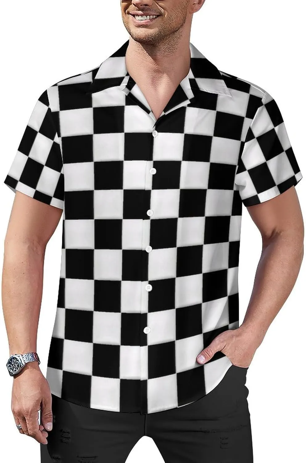 Black and White Checkered Print Cuban Collar Shirt Classic Design for Comfort and Style