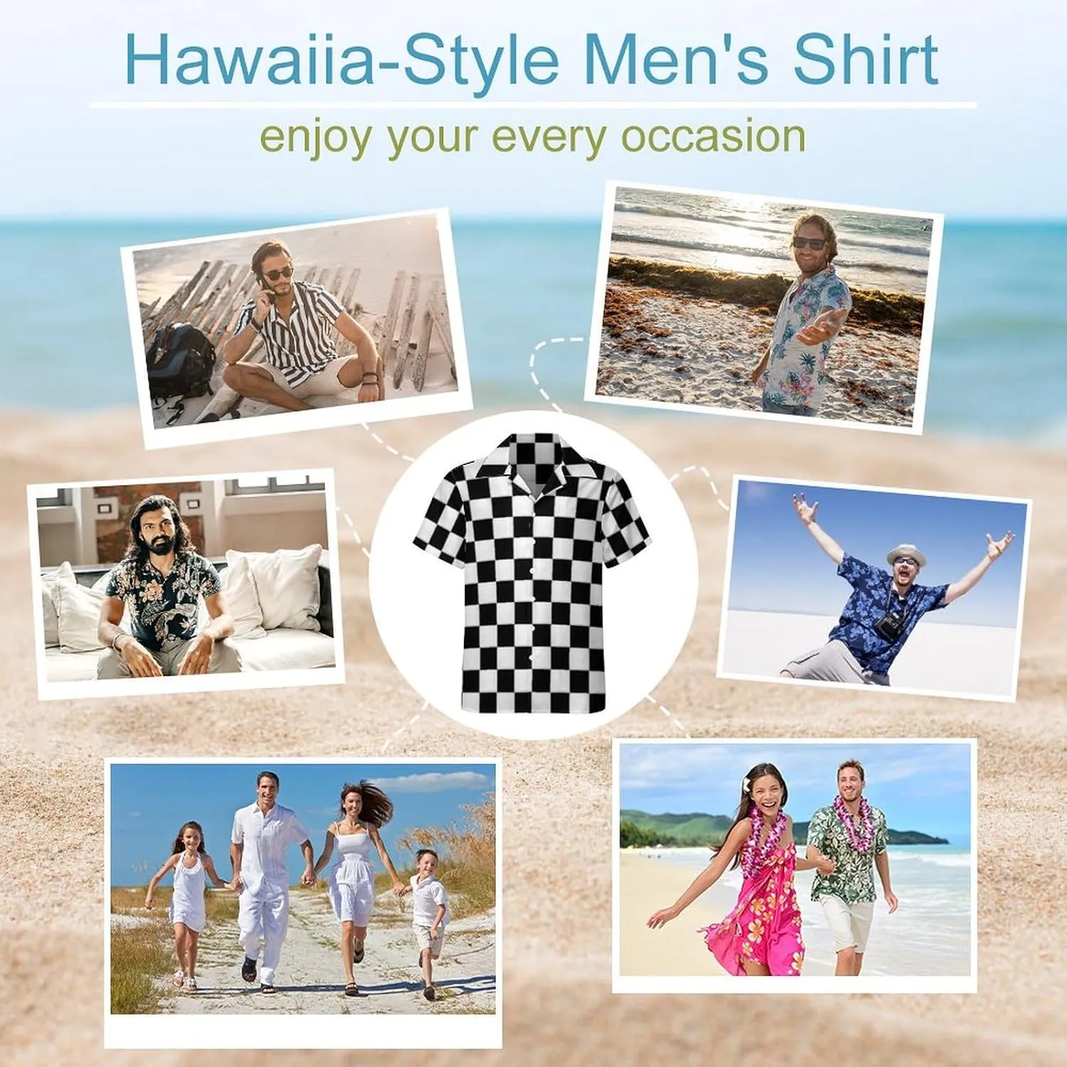 Black and White Checkered Print Cuban Collar Shirt Classic Design for Comfort and Style