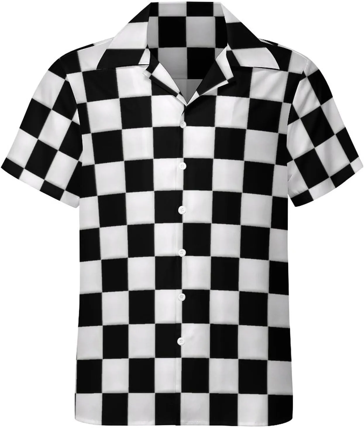 Black and White Checkered Print Cuban Collar Shirt Classic Design for Comfort and Style