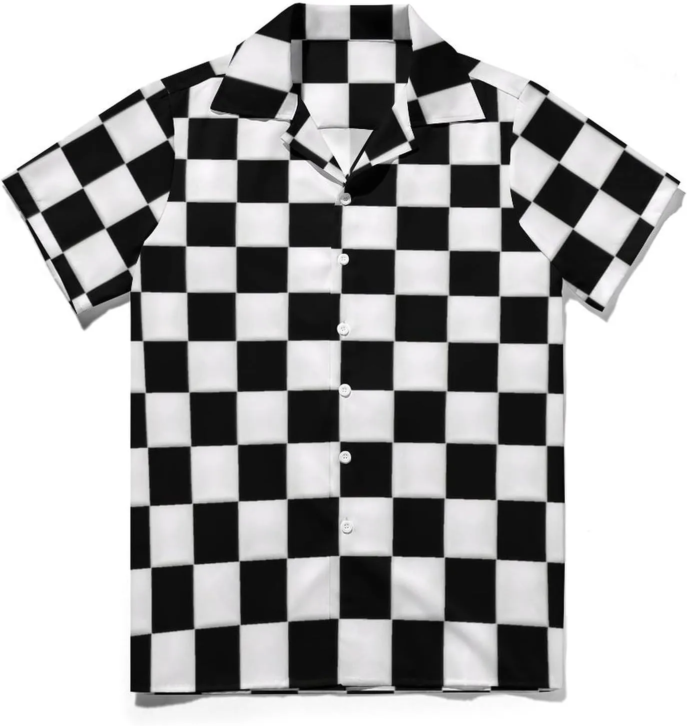 Black and White Checkered Print Cuban Collar Shirt Classic Design for Comfort and Style