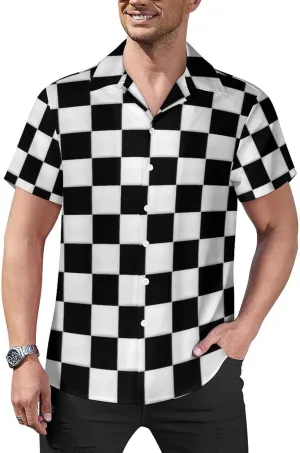 Black and White Checkered Print Cuban Collar Shirt Classic Design for Comfort and Style
