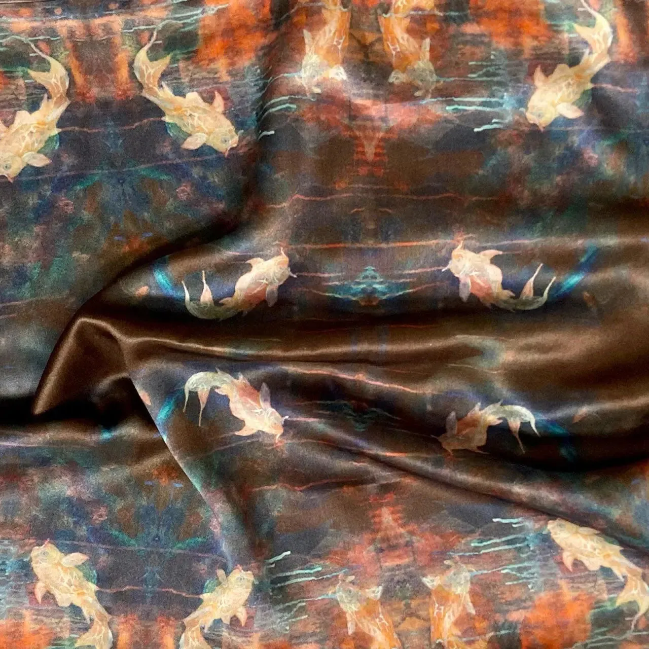 Blue Orange With Koi Fish Design Silk Pillowcase