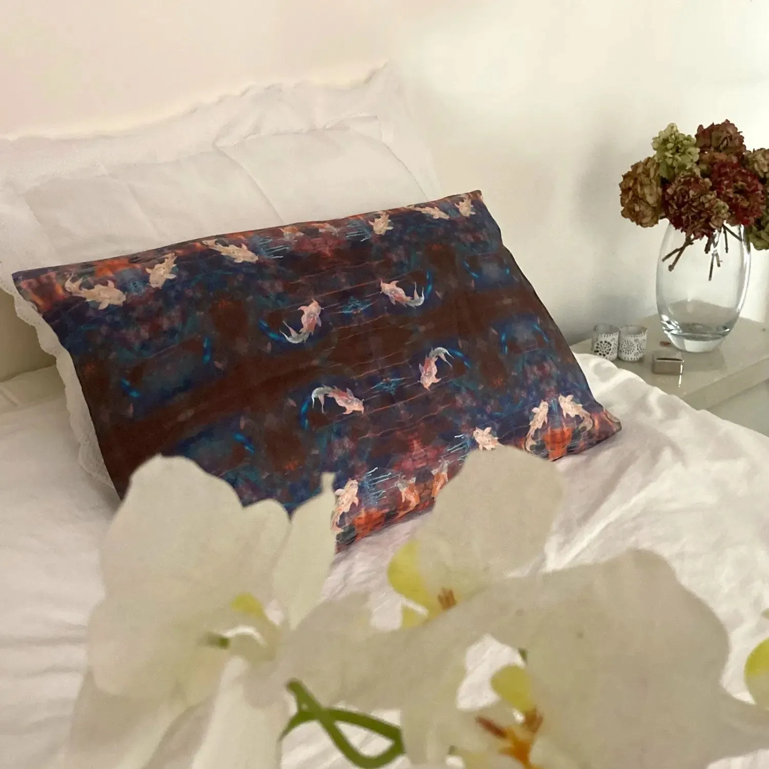 Blue Orange With Koi Fish Design Silk Pillowcase
