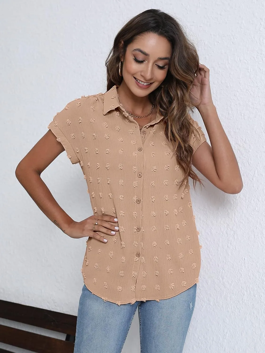 BOTHENIAL Women White Button Down Shirt Dressy Casual Work Tops Chiffon Blouse Summer Short Sleeve Shirts