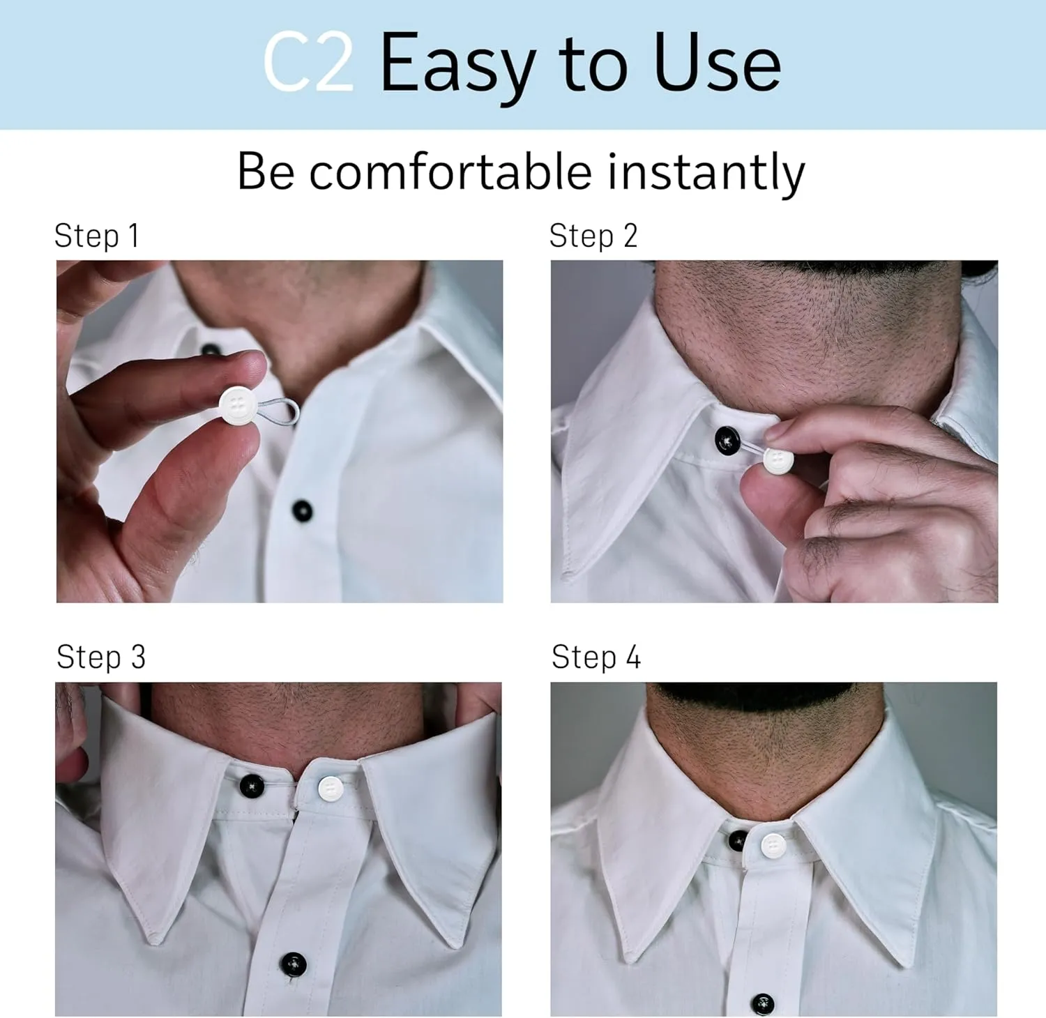 C2 Elastic Shirt Collar Extenders - 5 Pack Neck Button Expander - Non-Metal Button Extender Dress Shirt - 3 Sizes: Small, Regular, and Large - Can be Used as Cufflinks, White and Clear, Large 20 L