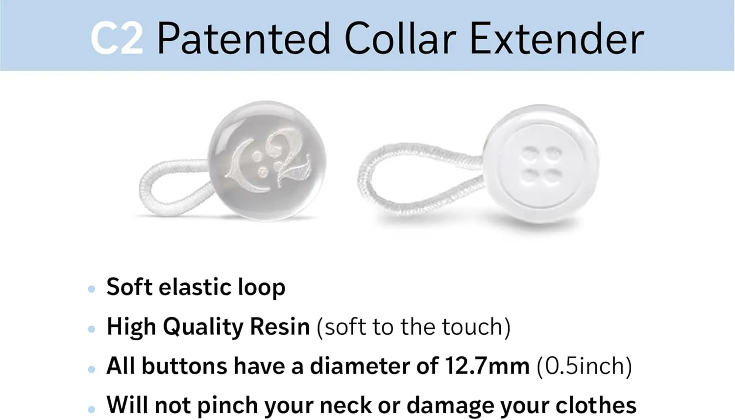 C2 Elastic Shirt Collar Extenders - 5 Pack Neck Button Expander - Non-Metal Button Extender Dress Shirt - 3 Sizes: Small, Regular, and Large - Can be Used as Cufflinks, White and Clear, Large 20 L