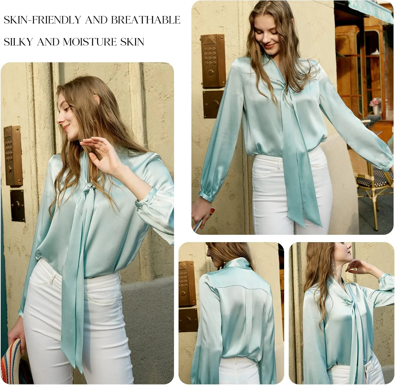COLD POSH Silk Blouses for Women Long Sleeve Women's 100% Pure Silk Bow-tie Neck Blouse Luxury Button Down Elegant Shirts