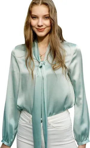 COLD POSH Silk Blouses for Women Long Sleeve Women's 100% Pure Silk Bow-tie Neck Blouse Luxury Button Down Elegant Shirts
