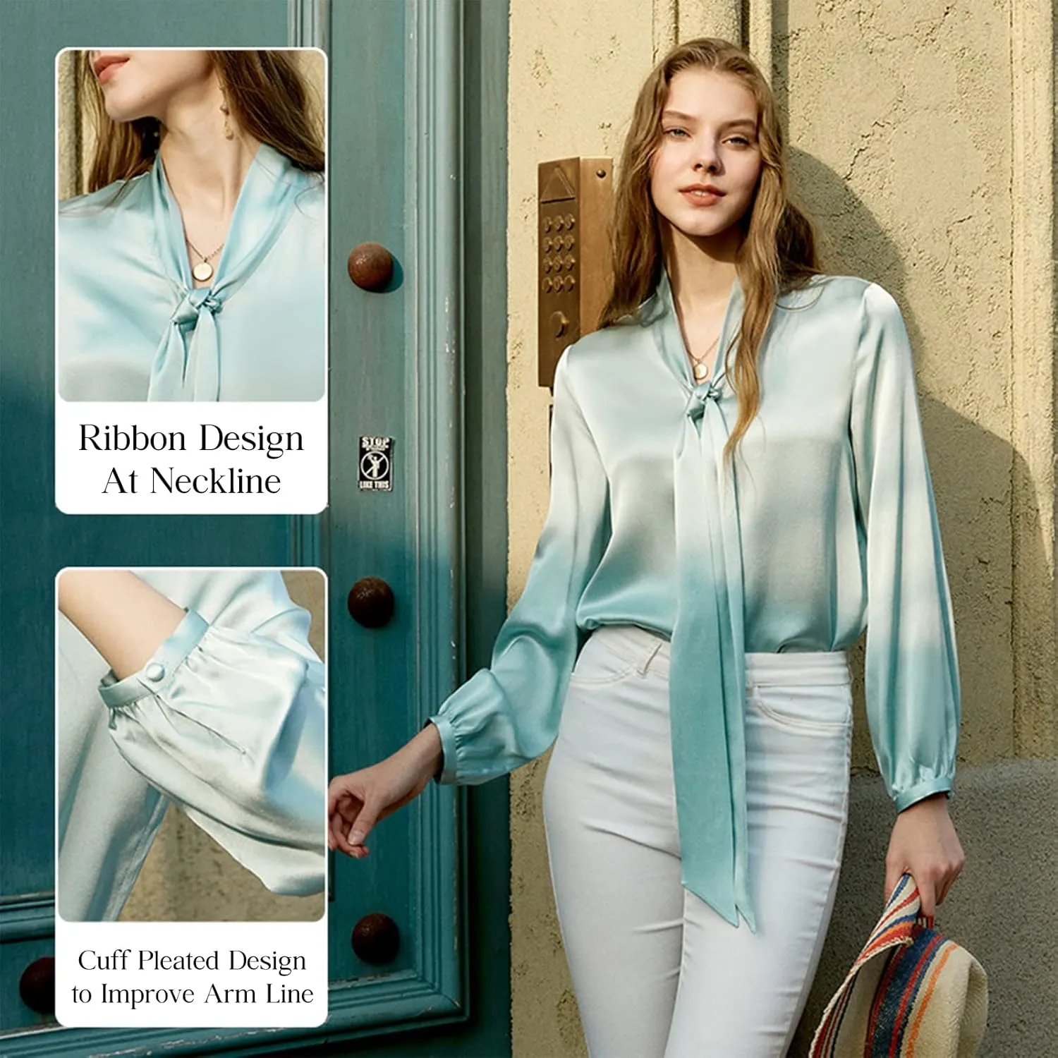 COLD POSH Silk Blouses for Women Long Sleeve Women's 100% Pure Silk Bow-tie Neck Blouse Luxury Button Down Elegant Shirts
