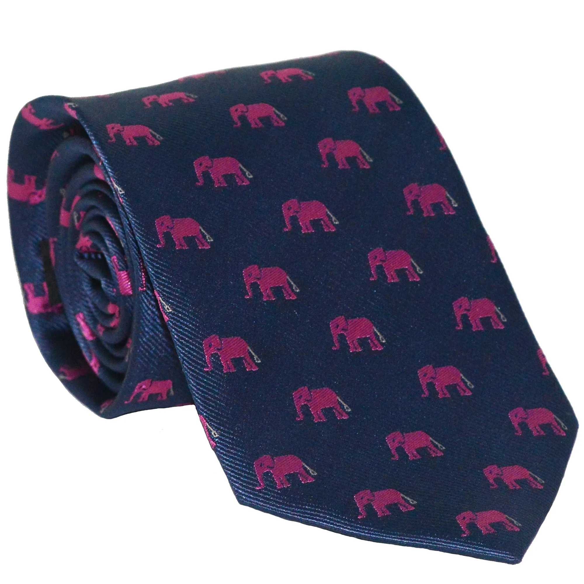Elephant Necktie - Pink on Navy, Woven Silk