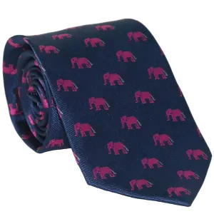 Elephant Necktie - Pink on Navy, Woven Silk