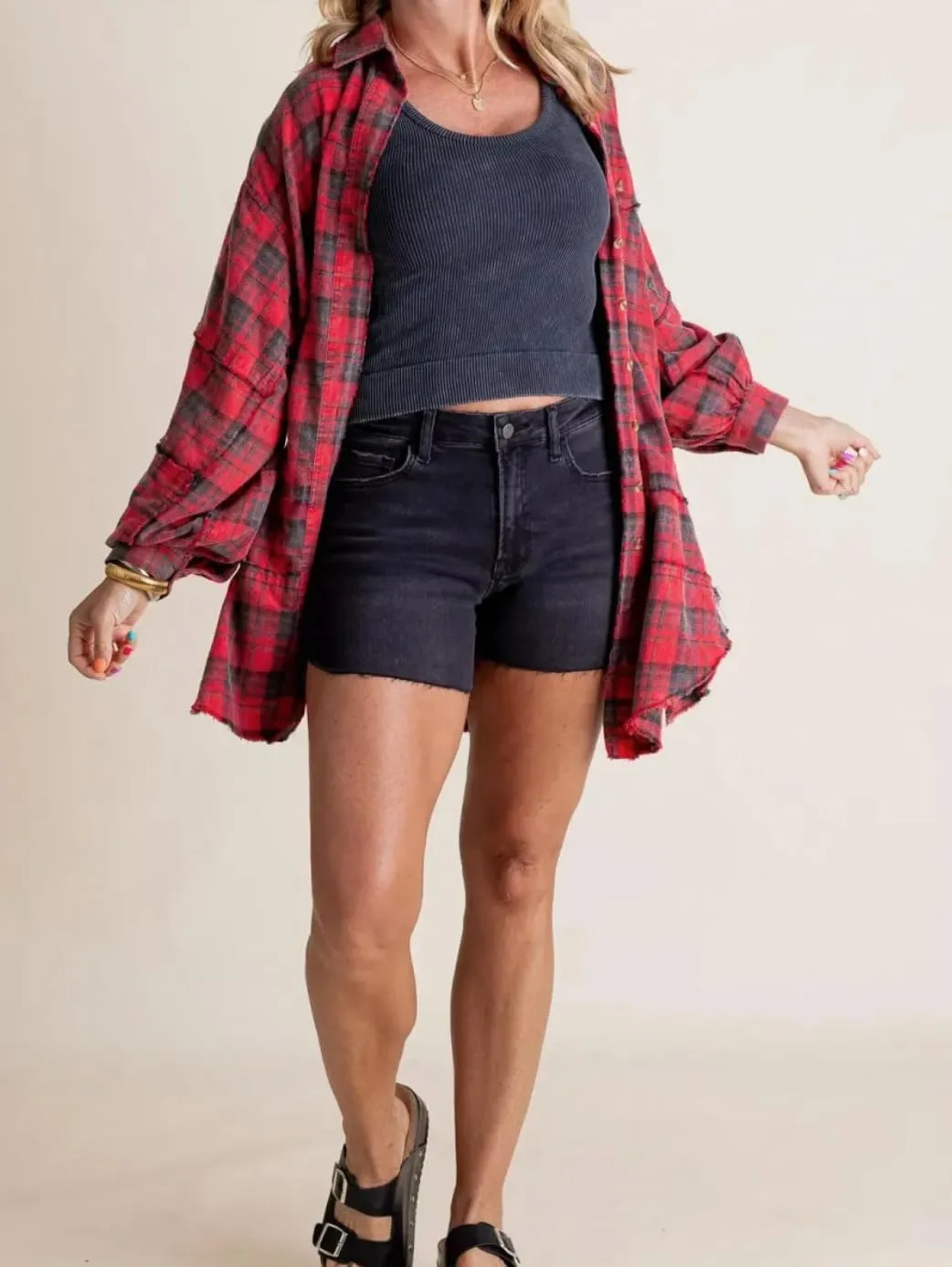 Flannel Shirts,Women's Seams Raw Edge Washed Oversized Shirt Jacket with Pockets,Plaid Button Down Long Shirts Coats
