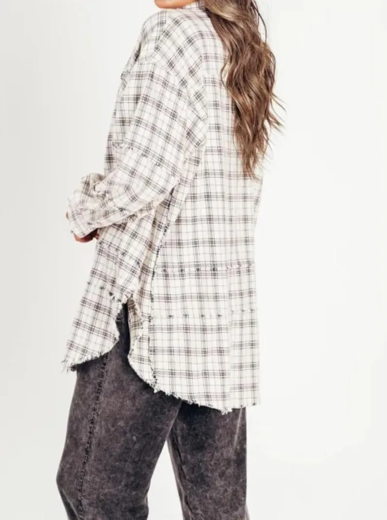 Flannel Shirts,Women's Seams Raw Edge Washed Oversized Shirt Jacket with Pockets,Plaid Button Down Long Shirts Coats