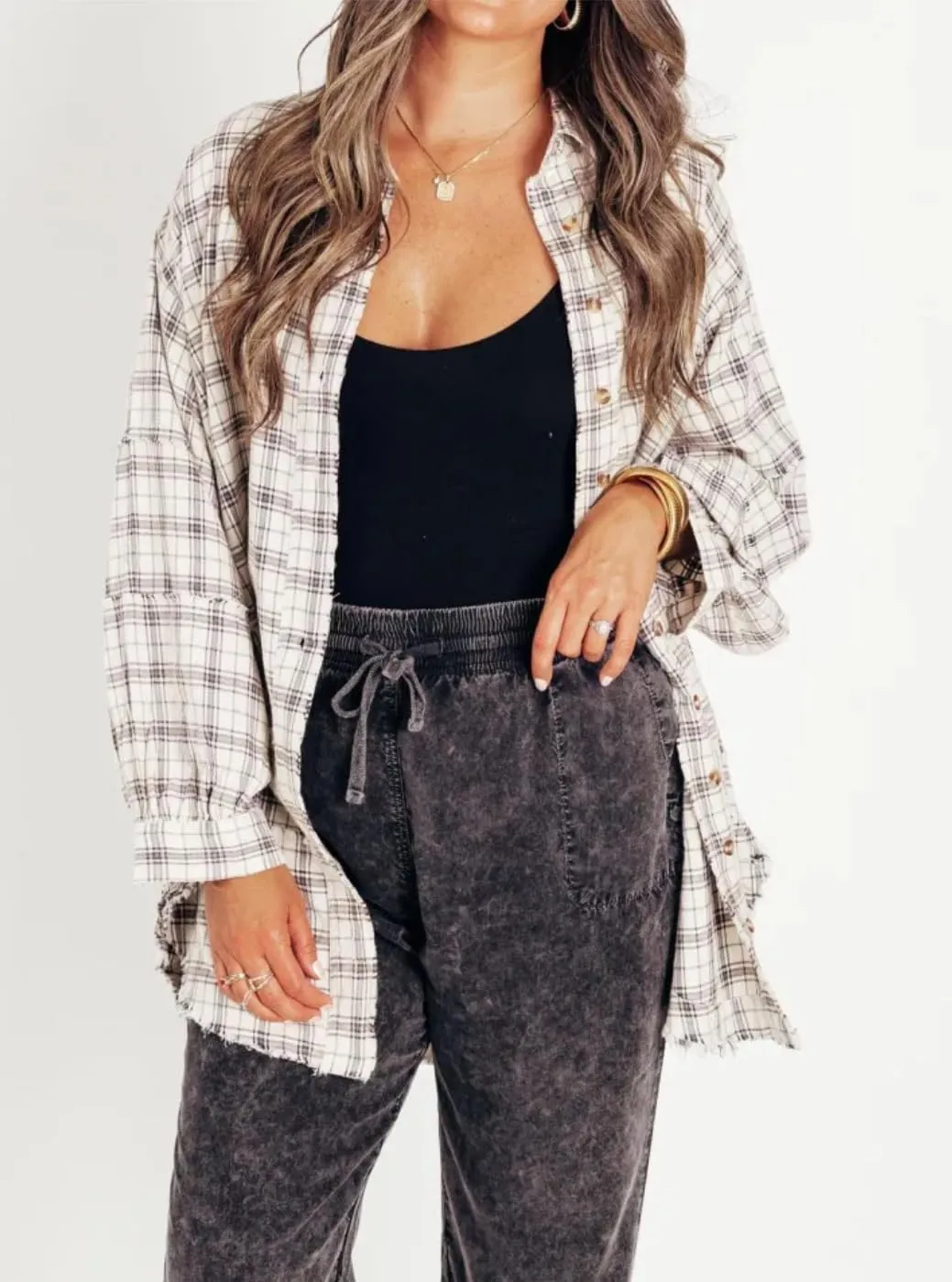 Flannel Shirts,Women's Seams Raw Edge Washed Oversized Shirt Jacket with Pockets,Plaid Button Down Long Shirts Coats