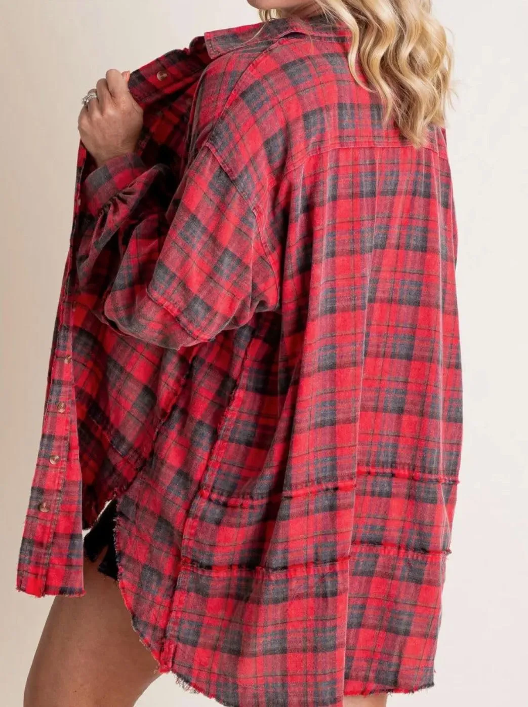 Flannel Shirts,Women's Seams Raw Edge Washed Oversized Shirt Jacket with Pockets,Plaid Button Down Long Shirts Coats