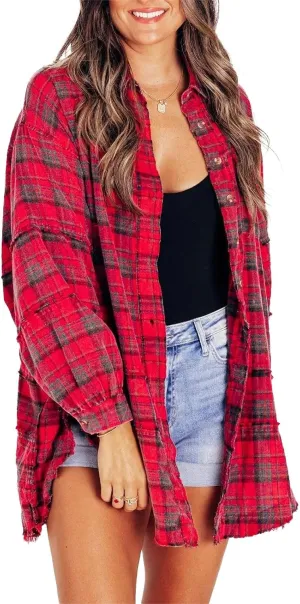Flannel Shirts,Women's Seams Raw Edge Washed Oversized Shirt Jacket with Pockets,Plaid Button Down Long Shirts Coats