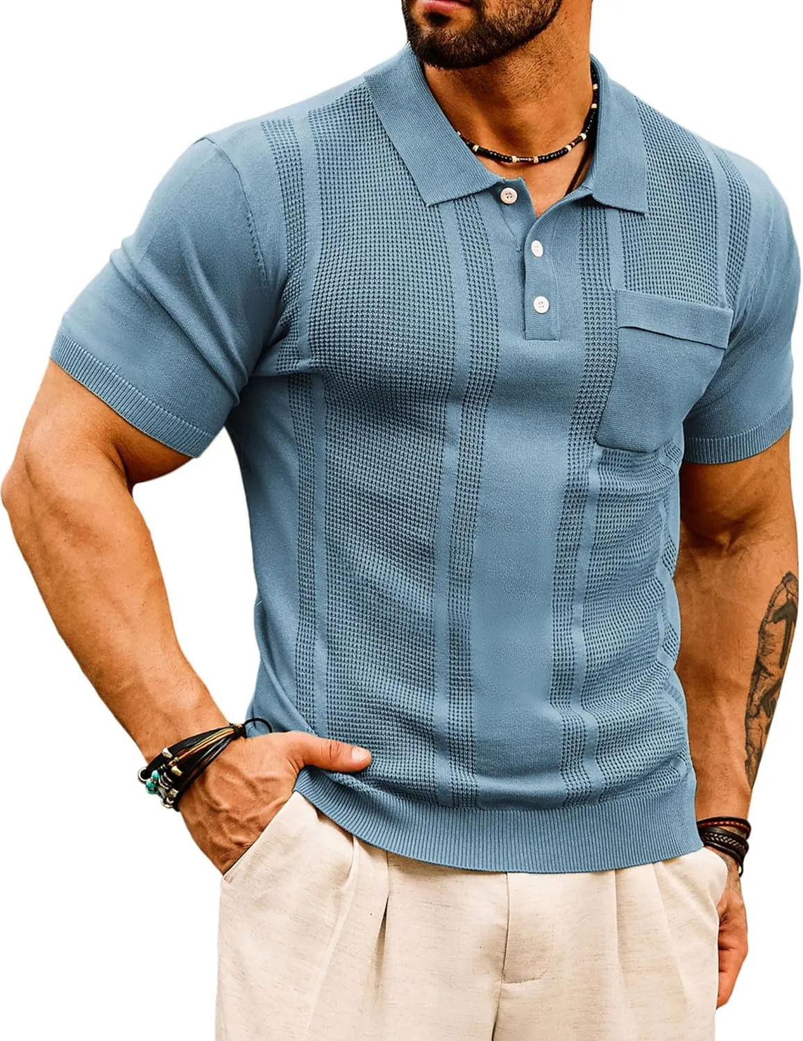 GRACE KARIN Men's Knit Polo Shirts Short Sleeve Texture Lightweight Golf Shirts Sweater