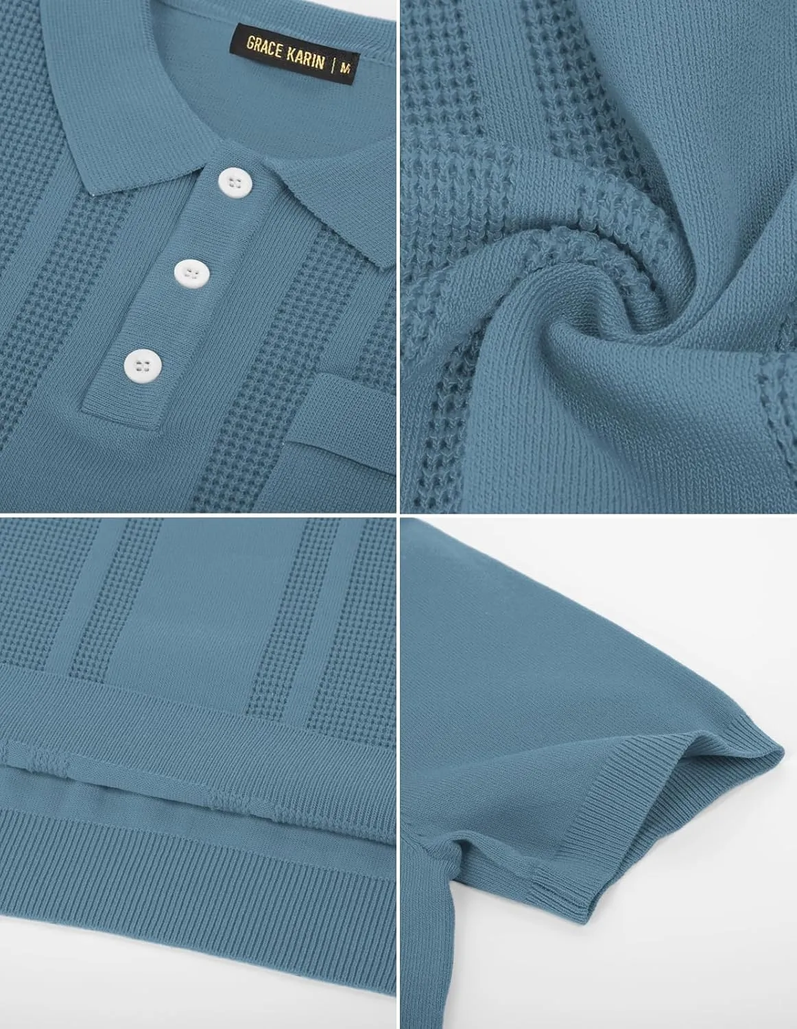 GRACE KARIN Men's Knit Polo Shirts Short Sleeve Texture Lightweight Golf Shirts Sweater