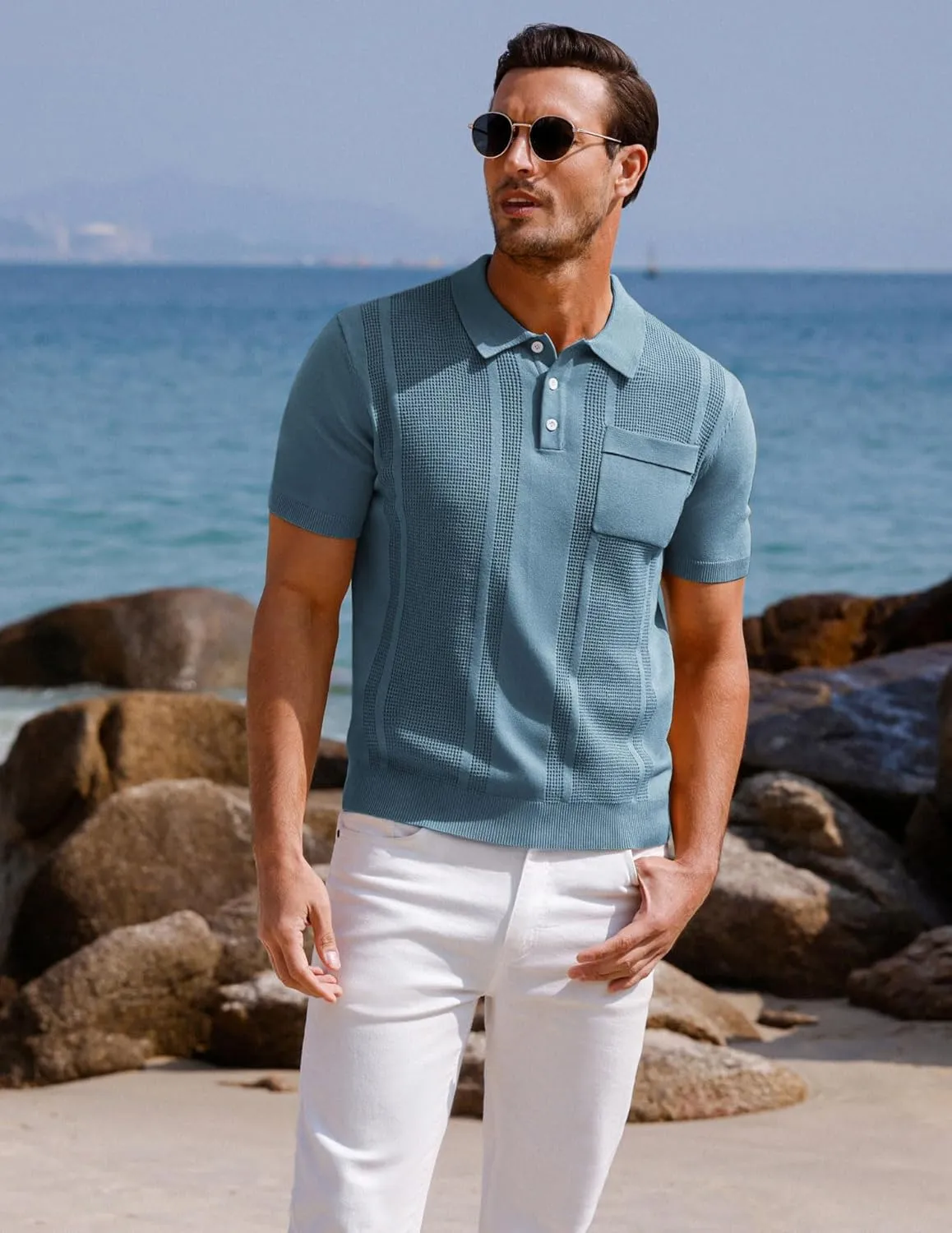 GRACE KARIN Men's Knit Polo Shirts Short Sleeve Texture Lightweight Golf Shirts Sweater