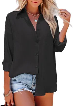 HOTOUCH Womens Button Down Shirt Casual Long Sleeves Loose fit Classic Collared Blouses Fasion Textured Top with Pockets