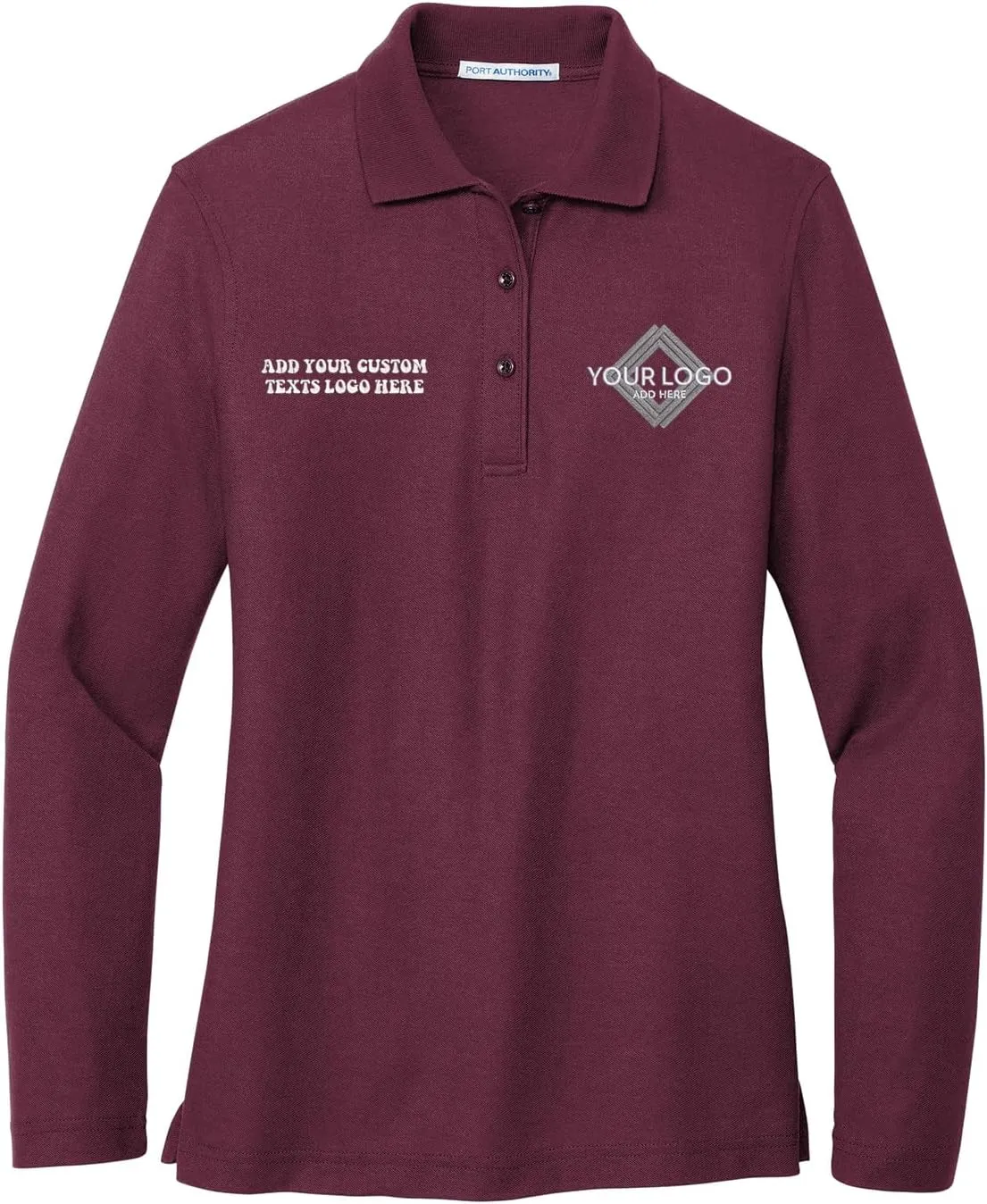 INK STITCH Women L500ls Custom Add Your Logo Texts Embroidery Silk Touch Long Sleeve Polo Shirts