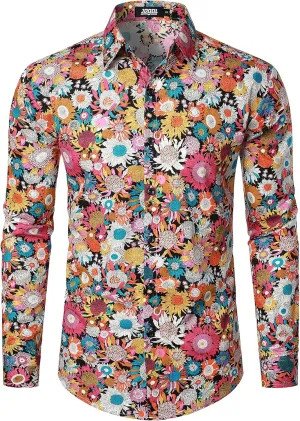 JOGAL Mens 70s Floral Dress Shirt Long Sleeve Printed Casual Button Down Shirts