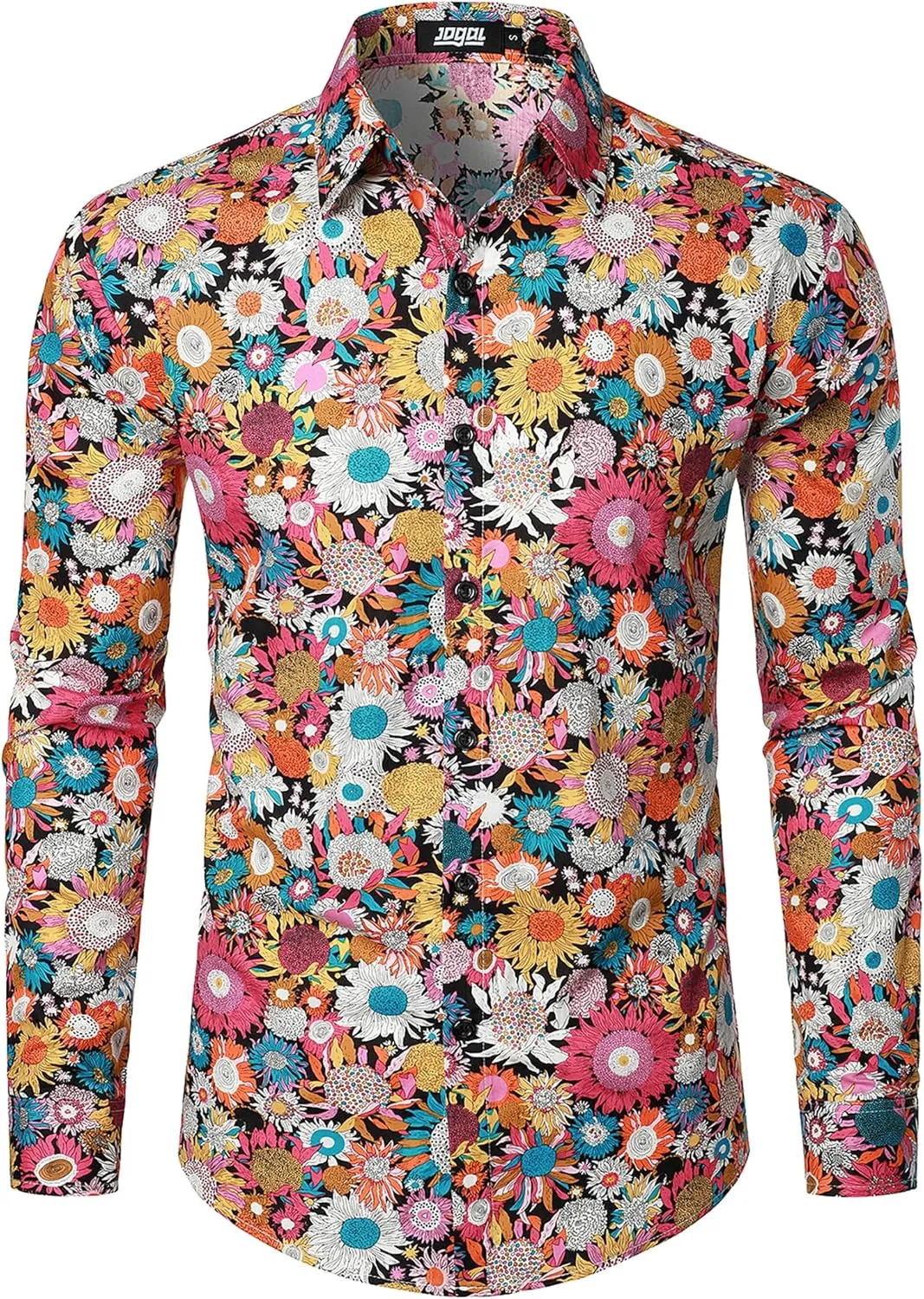 JOGAL Mens 70s Floral Dress Shirt Long Sleeve Printed Casual Button Down Shirts