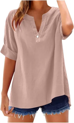 Linen Shirts for Women 2025 Summer Short Sleeve Button Loose Fit Blouses Dressy Casual Vacation Tunic Tops