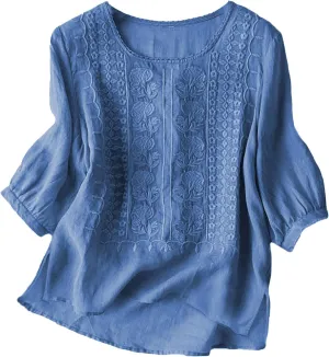 Linen Shirts for Women 2025 Women's Summer Linen 3/4 Sleeve Tunics Retro Embroidered Boho Loose Casual Styles