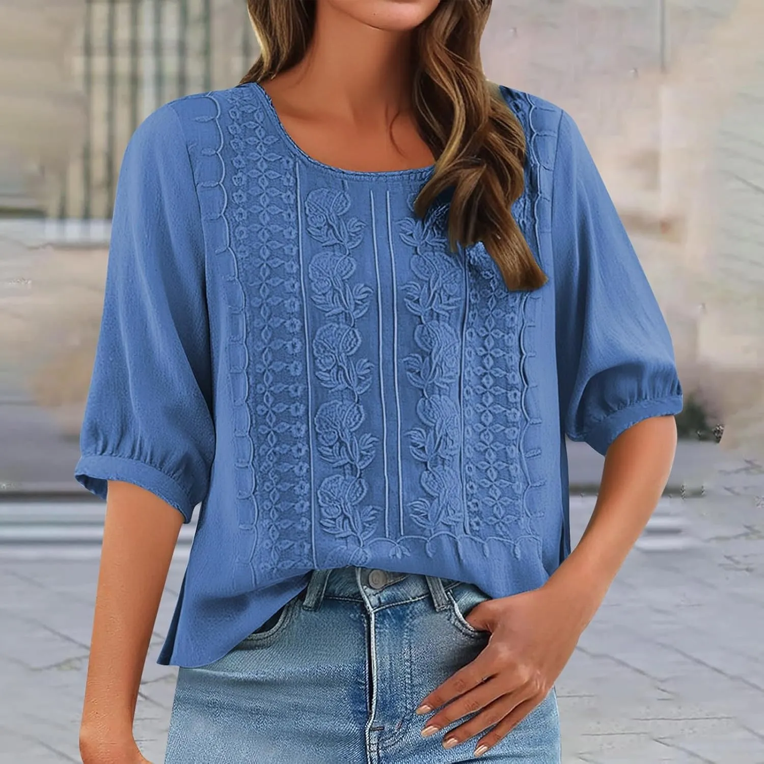 Linen Shirts for Women 2025 Women's Summer Linen 3/4 Sleeve Tunics Retro Embroidered Boho Loose Casual Styles