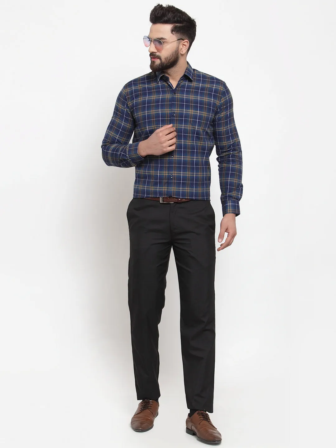 Men's Blue Cotton Checked Formal Shirts ( SF 741Royal-Blue ) - Jainish