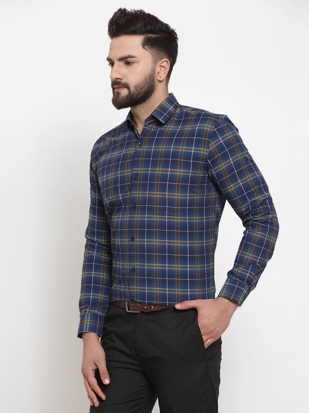 Men's Blue Cotton Checked Formal Shirts ( SF 741Royal-Blue ) - Jainish