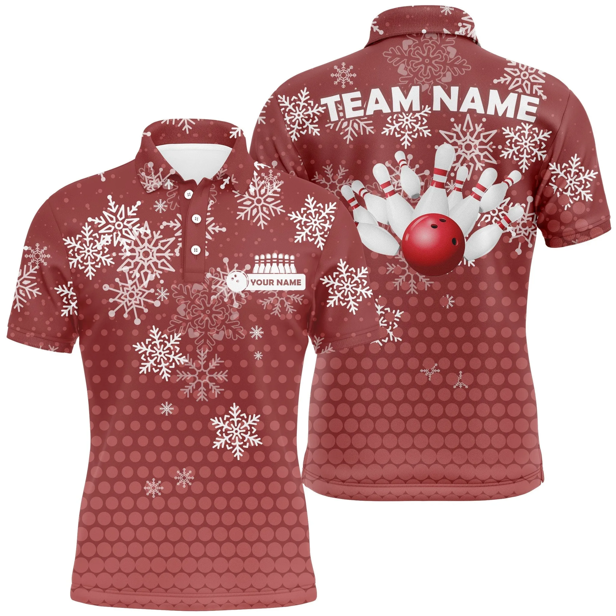 Mens Red Bowling Polo Shirts Custom Christmas Snowflake Bowling Ball Pins Team Ladies Jersey