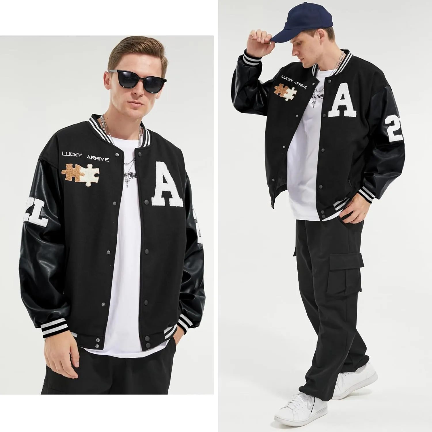 Mens Varsity Jacket Baseball Bomber Jacket Vintage Unisex Streetwear Coats with Patchwork Hipster Utility Tops