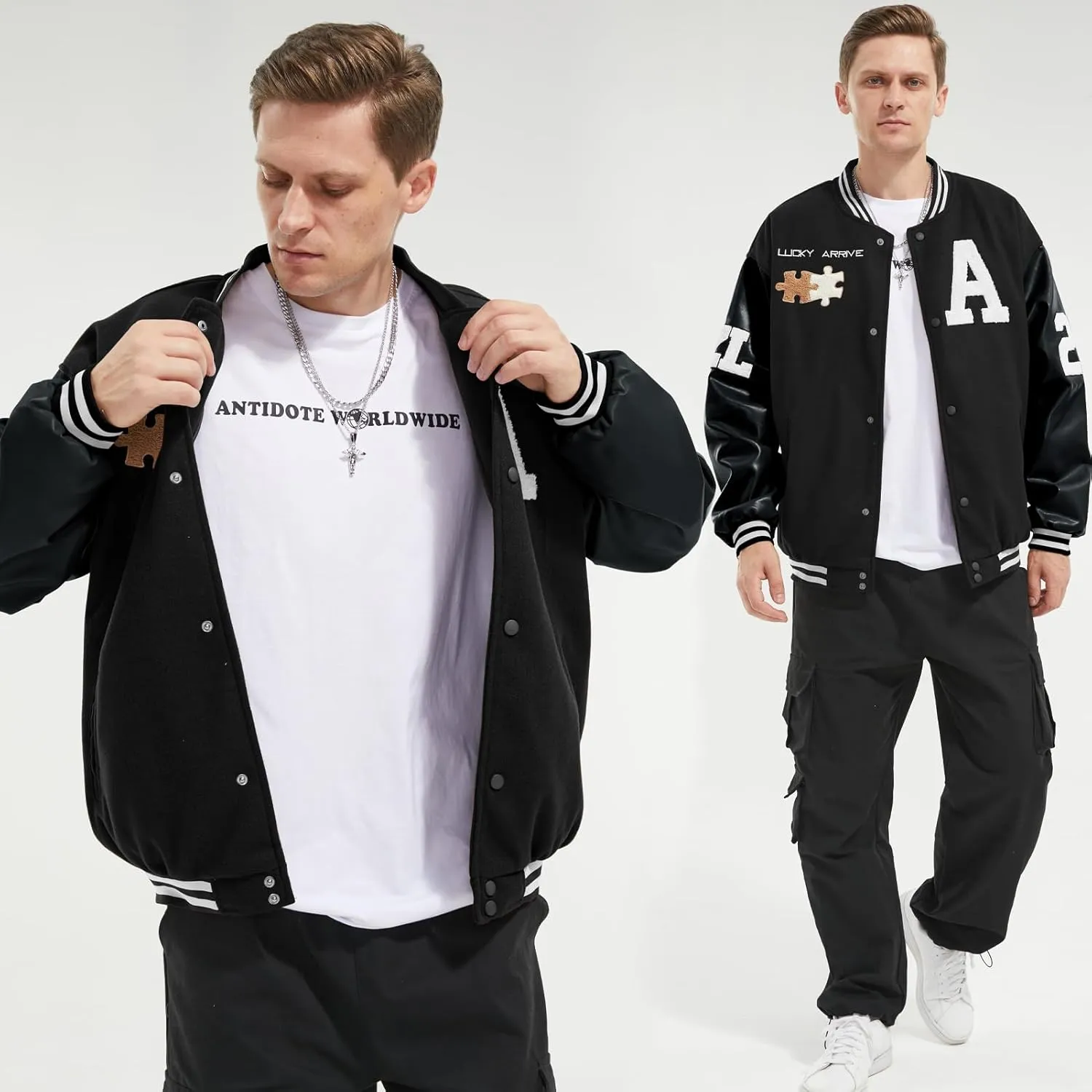 Mens Varsity Jacket Baseball Bomber Jacket Vintage Unisex Streetwear Coats with Patchwork Hipster Utility Tops