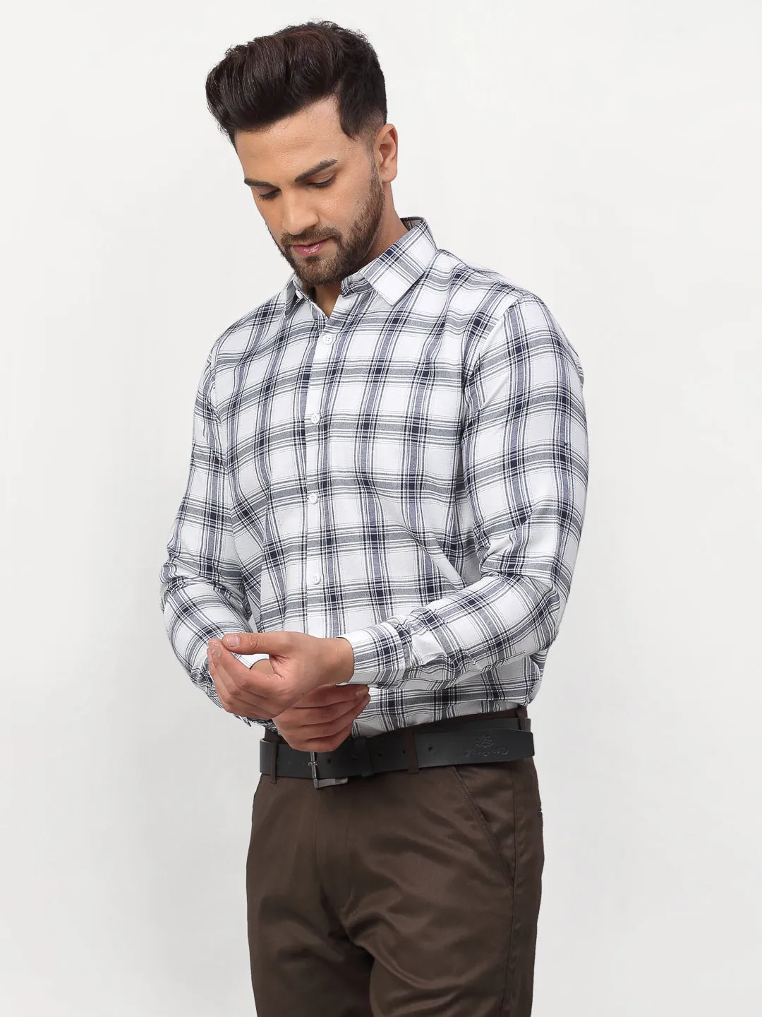 Men's White Checked Formal Shirts ( SF 779White ) - Jainish