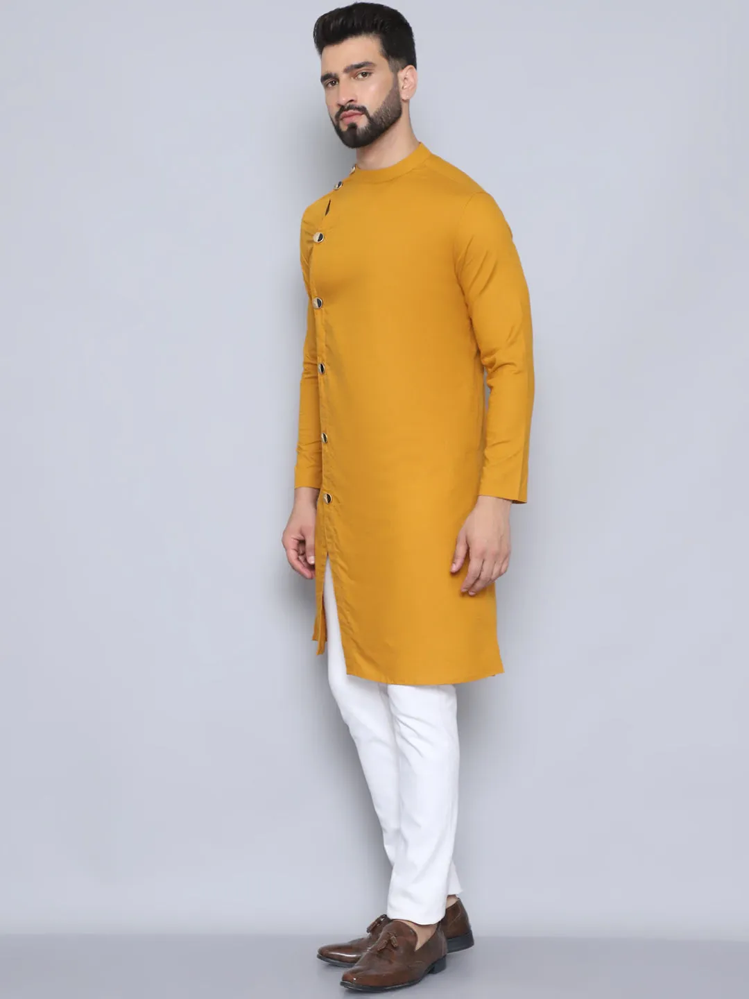 Men's Yellow Pure Cotton Sherwani Kurta - Even Apparels