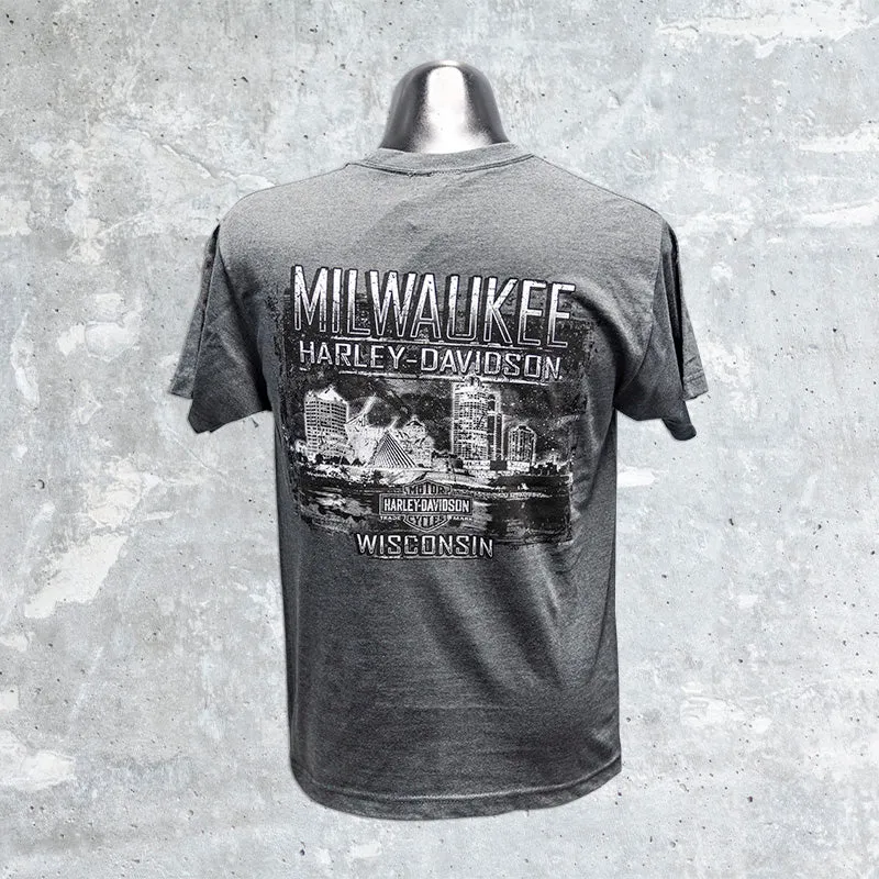 Milwaukee Harley Davidson- Charcoal Gray T-Shirt with Dark Custom Skull