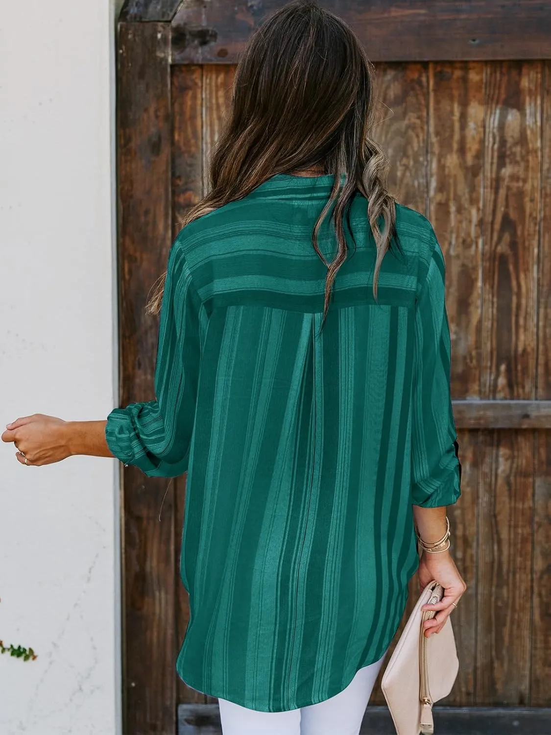 Mutitop Womens Button Down Shirts Striped Dress Shirts Long Sleeve Textured Blouse Collared Work Office Top Casual Tunic