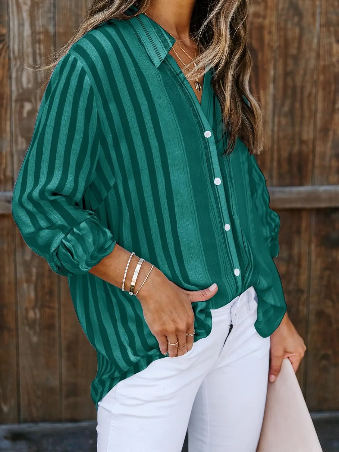 Mutitop Womens Button Down Shirts Striped Dress Shirts Long Sleeve Textured Blouse Collared Work Office Top Casual Tunic