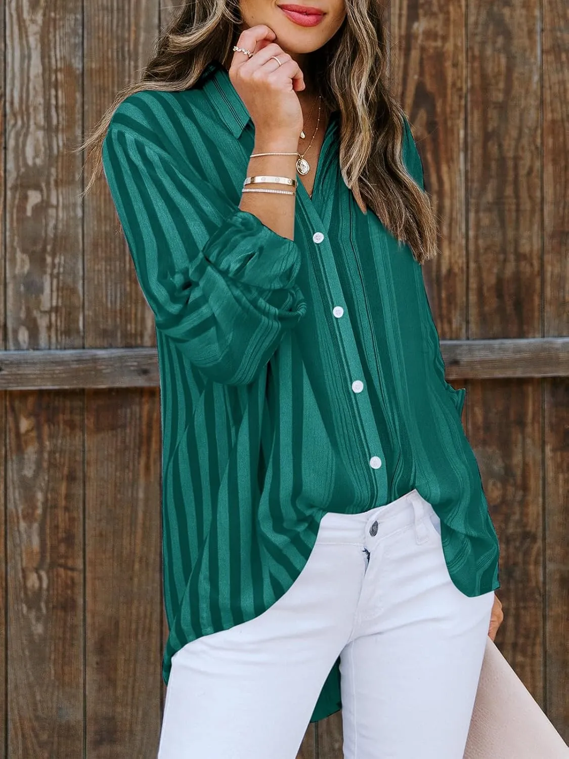 Mutitop Womens Button Down Shirts Striped Dress Shirts Long Sleeve Textured Blouse Collared Work Office Top Casual Tunic