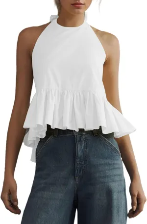 OLAPTA Women Halter Neck Backless Tank Tops Peplum Ruffle Hem Sleeveless Sexy Summer Open Back Vacation Flowy Going Out Shirt